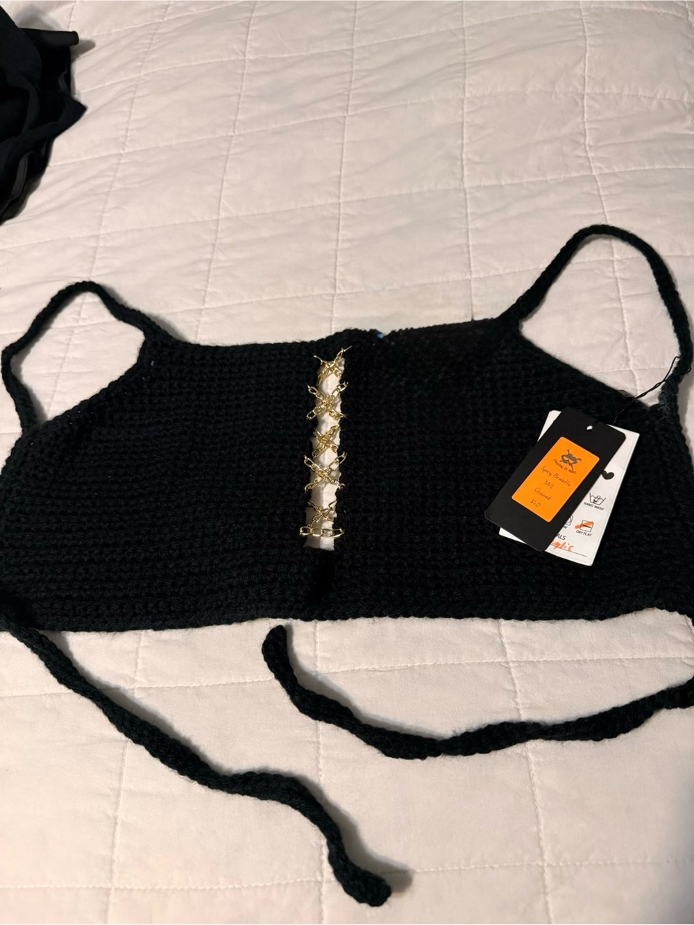Black Crochet Lace-Up Crop Top with Gold Accent